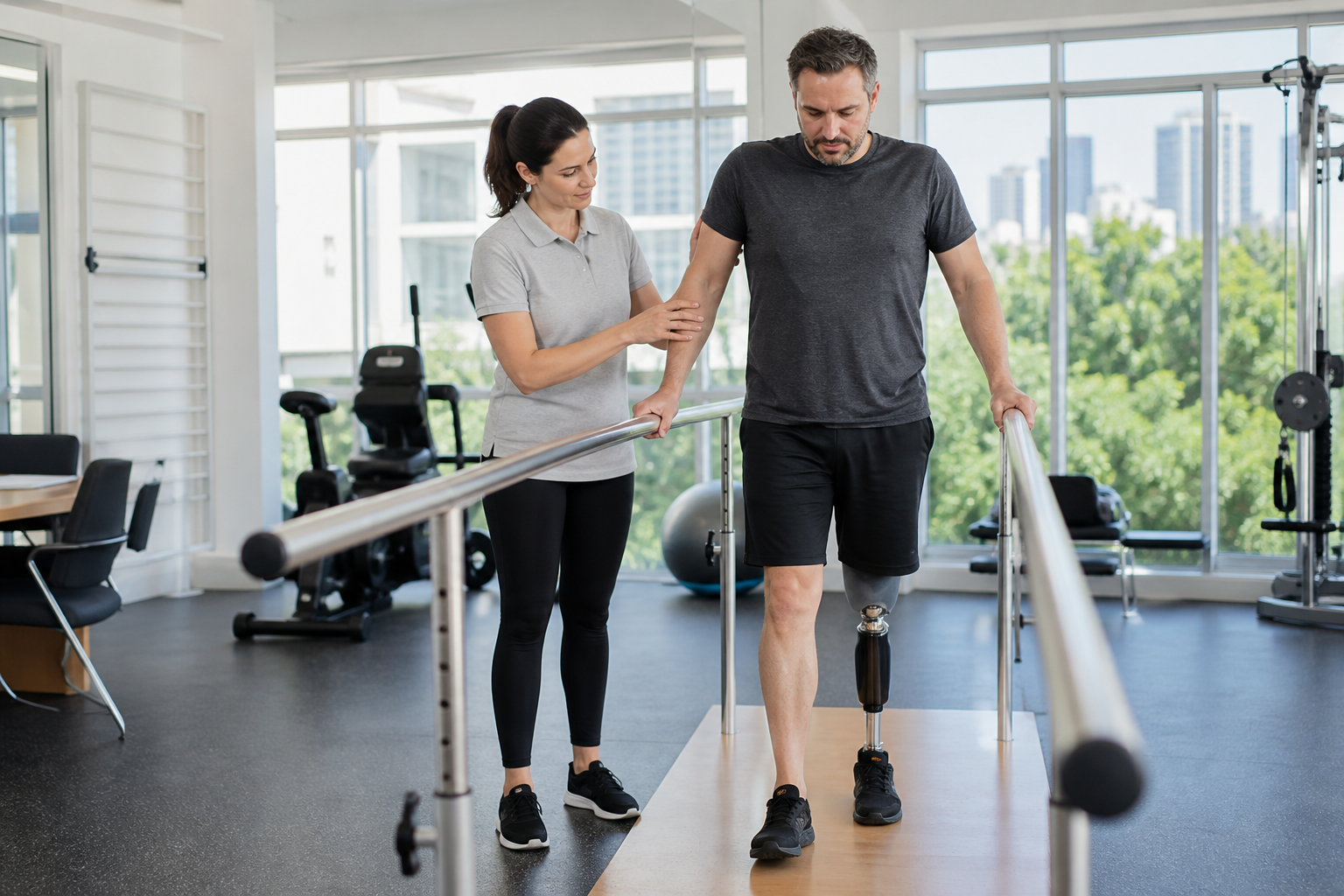 Male NDIS participant with a prosthetic leg completing gait training with a physiotherapist