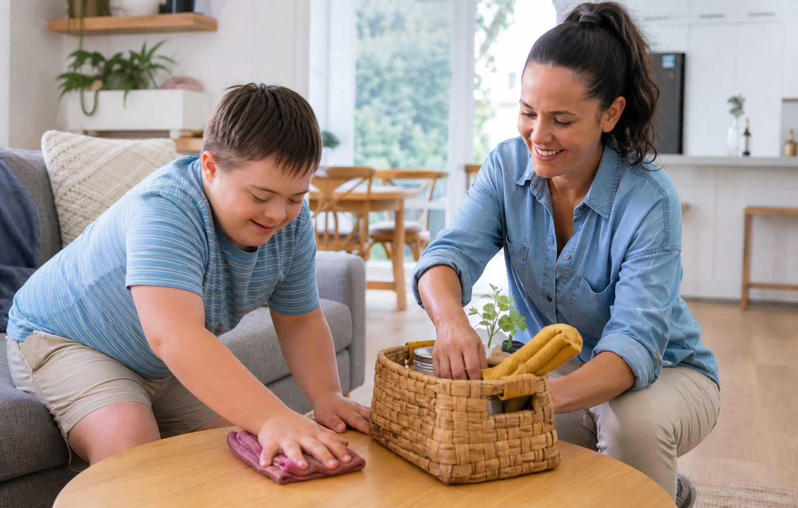 An NDIS participant practising household cleaning and organisation with guided support