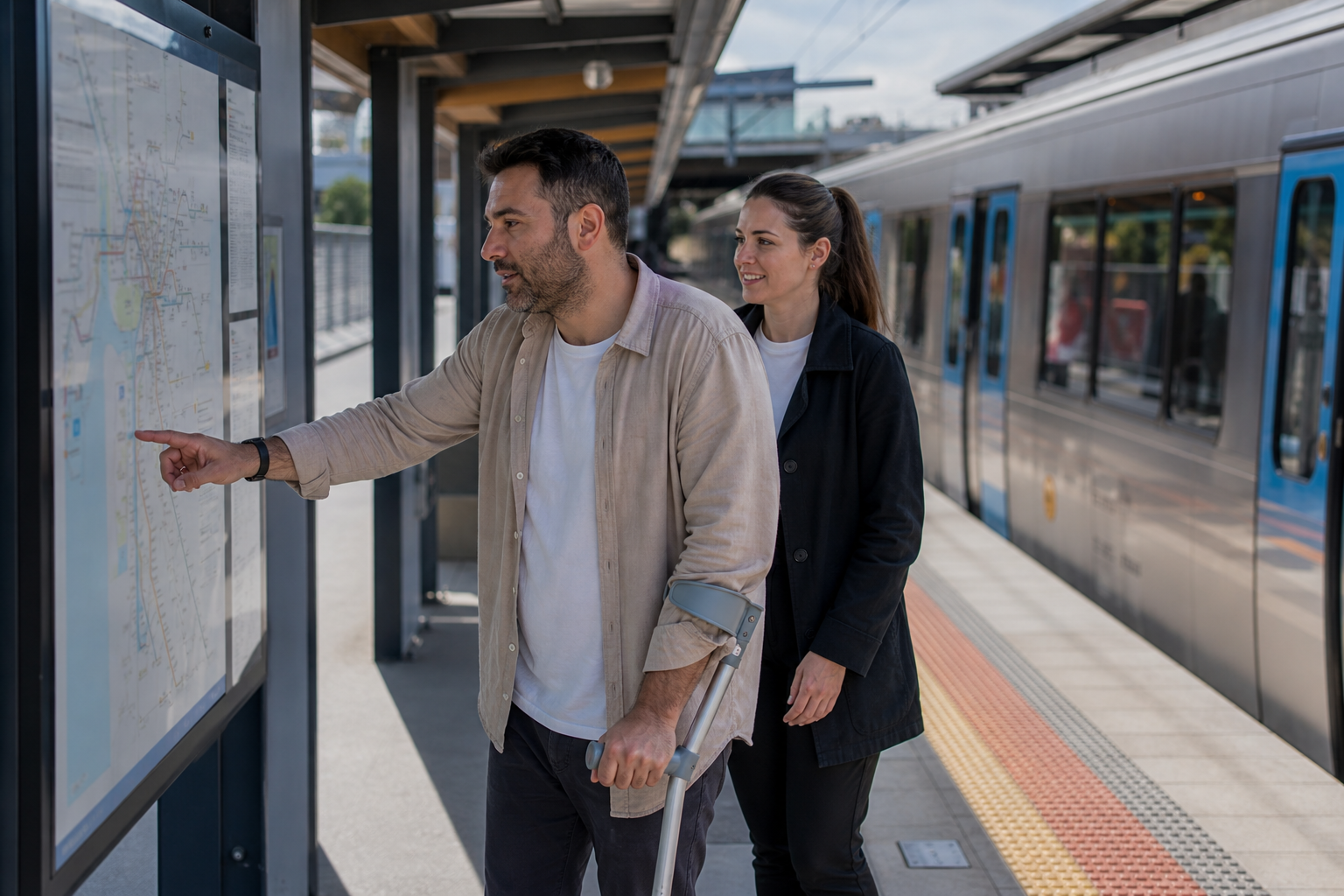 An adult NDIS participant learning public transport with a support worker