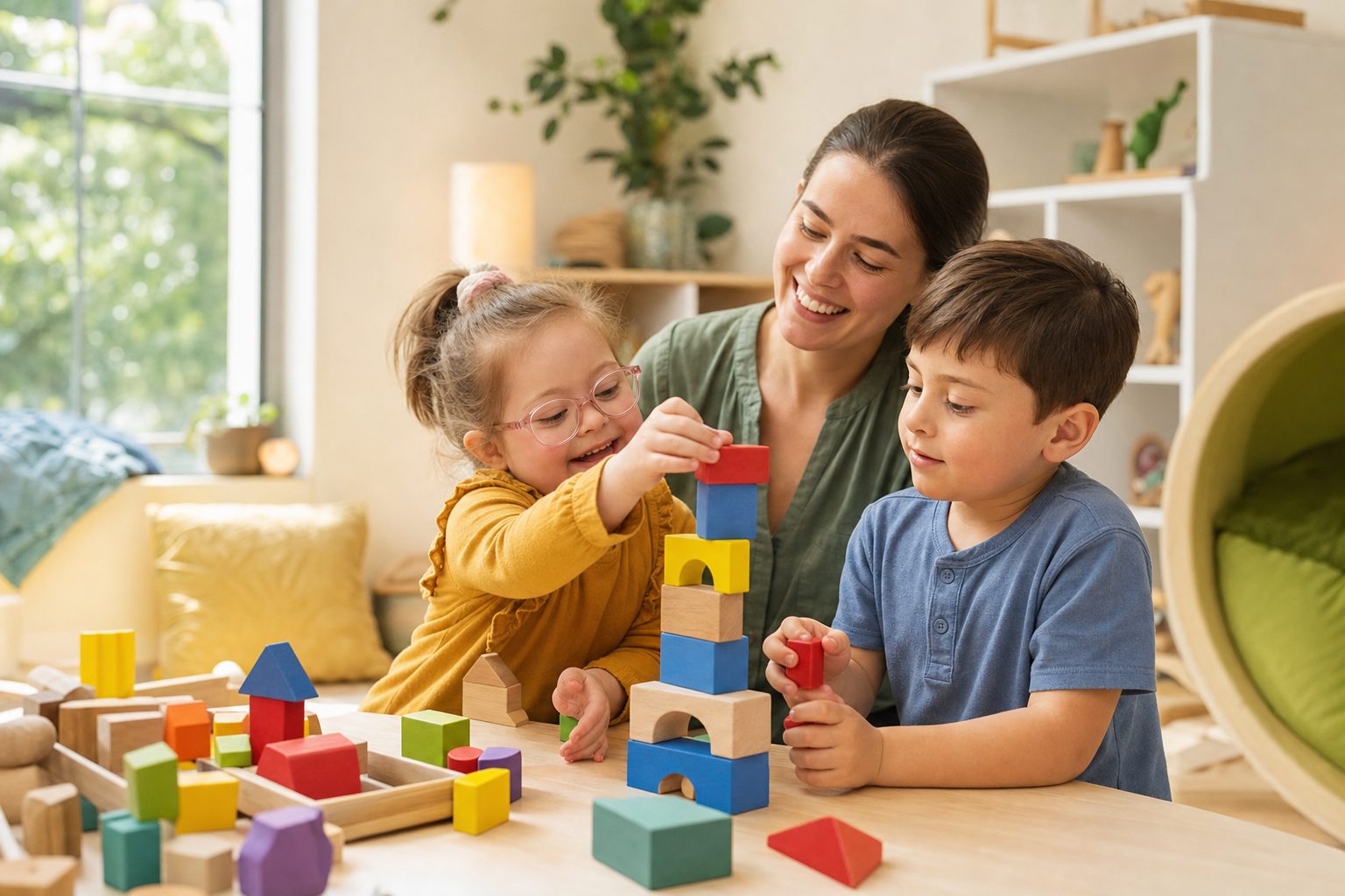 Children building a colourful block tower with a support worker