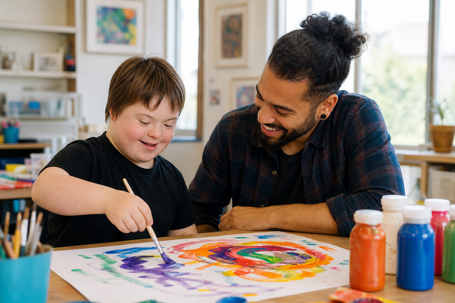 An NDIS child exploring emotions through art with a recovery coach