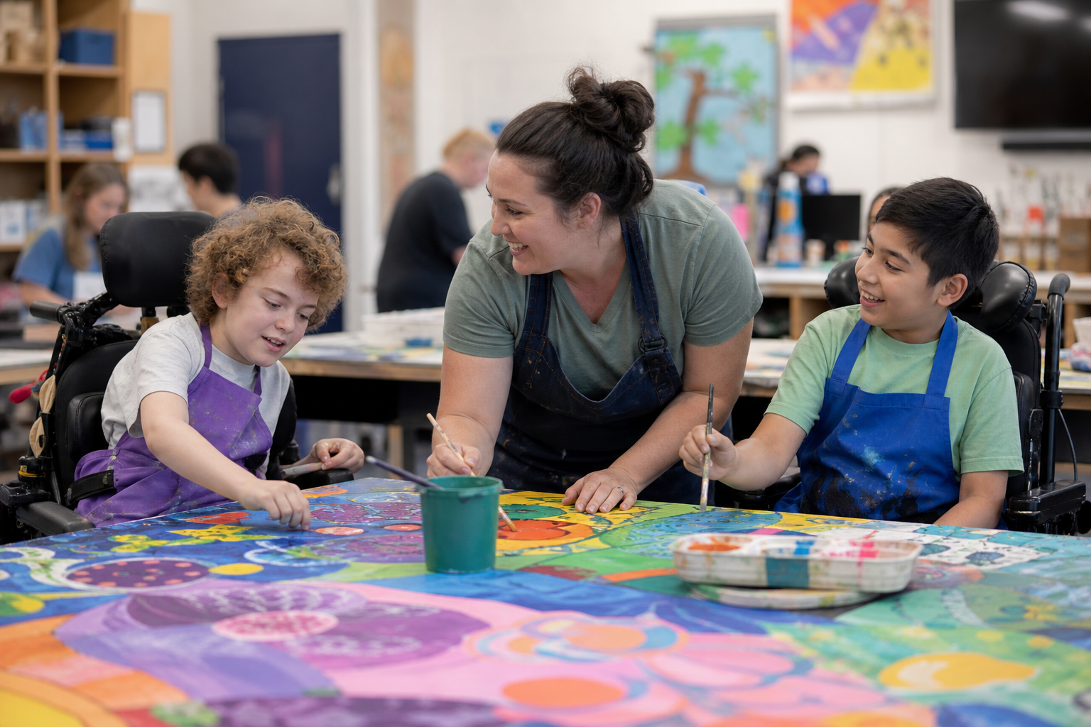 Children with disability creating a collaborative classroom mural with a support worker