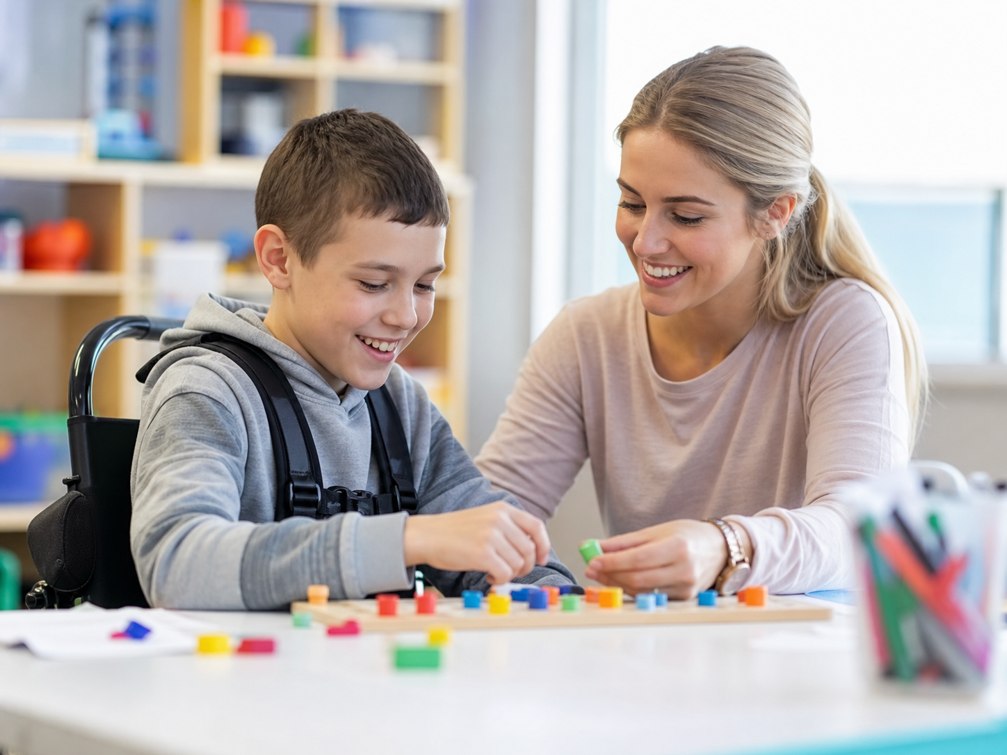 An NDIS child enjoying a therapy activity with an allied health professional