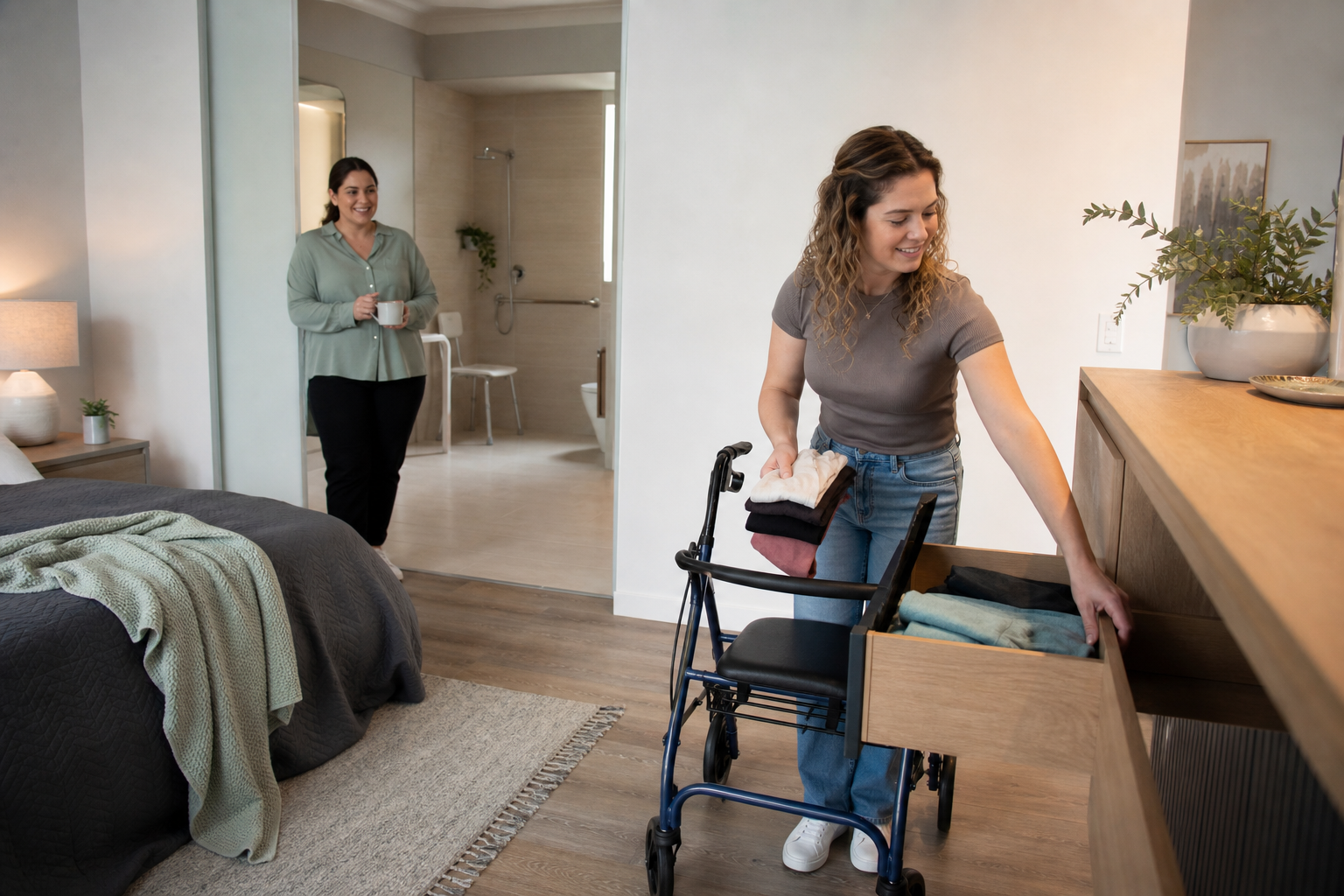 An adult woman with disability unpacking independently with support nearby