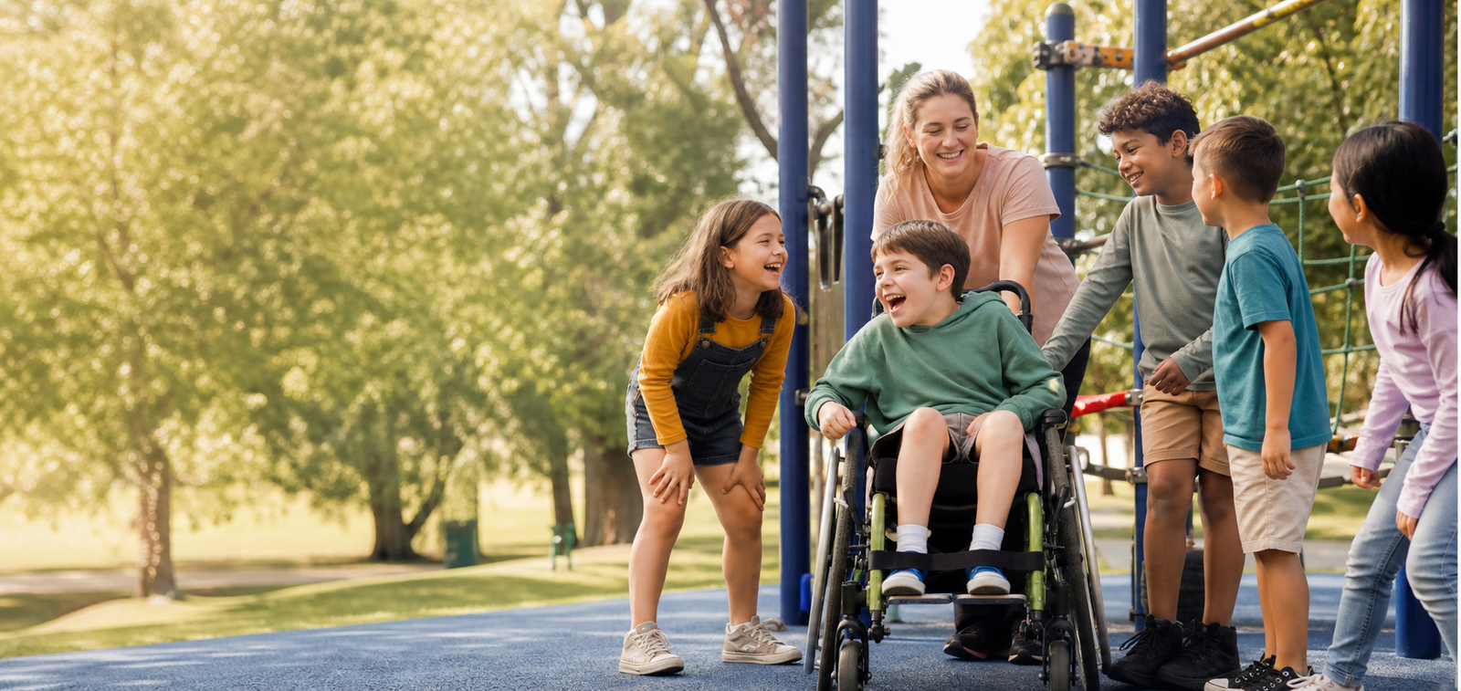 An NDIS child joining friends at an inclusive playground with a support worker